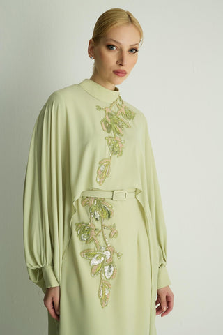 Petunia Embellished Cape Dress – Pastel Green