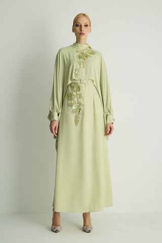 Petunia Embellished Cape Dress – Pastel Green