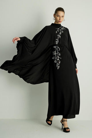 Petunia Embellished Cape Dress – Black