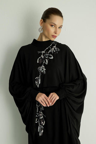 Petunia Embellished Cape Dress – Black