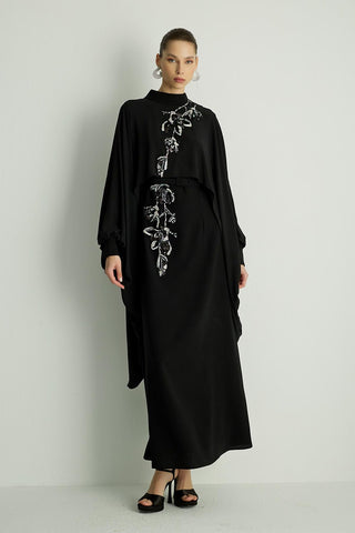 Petunia Embellished Cape Dress – Black