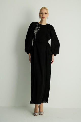 Rozanna Pleated Panel Dress – Black