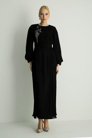 Rozanna Pleated Panel Dress – Black