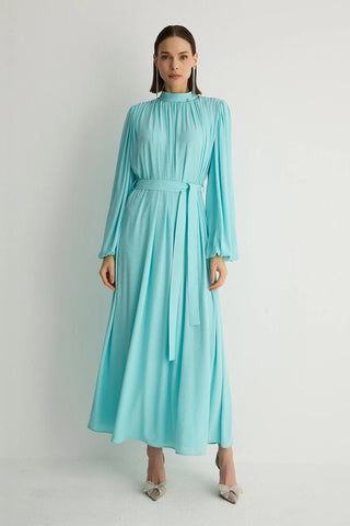Veluna Embellished Pleated Dress – Aqua