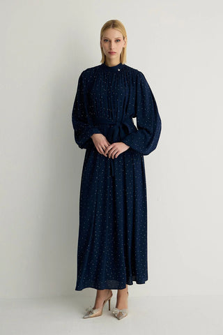 Veluna Embellished Pleated Dress – Navy