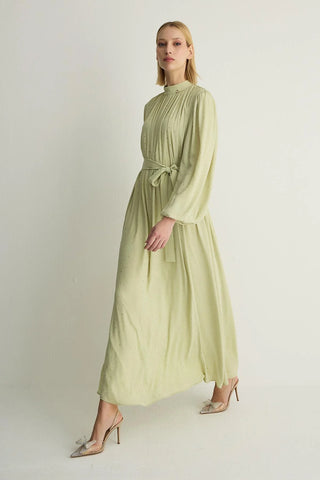 Veluna Embellished Pleated Dress – Pastel Green