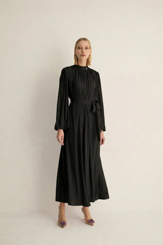 Veluna Embellished Pleated Dress – Black