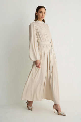 Veluna Embellished Pleated Dress – Stone
