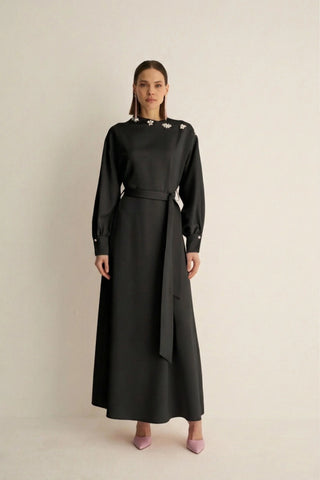 Oriana Embellished Shoulder Dress – Black