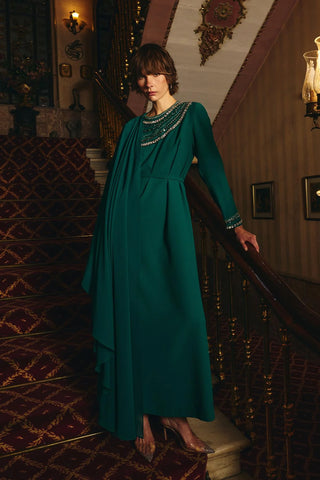 Pais Embellished Cape Dress – Emerald