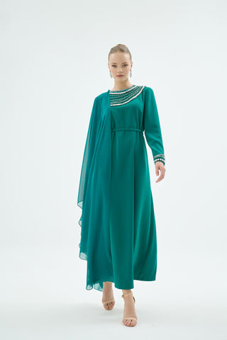 Pais Embellished Cape Dress – Emerald