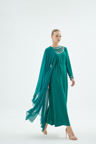 Pais Embellished Cape Dress – Emerald