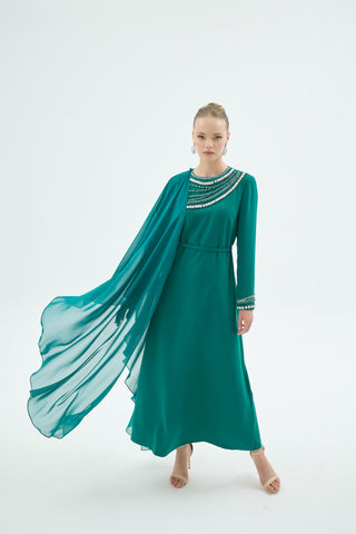 Pais Embellished Cape Dress – Emerald