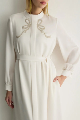 Ribbon Embellished Detail Dress – Ecru