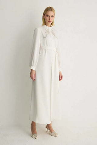 Ribbon Embellished Detail Dress – Ecru