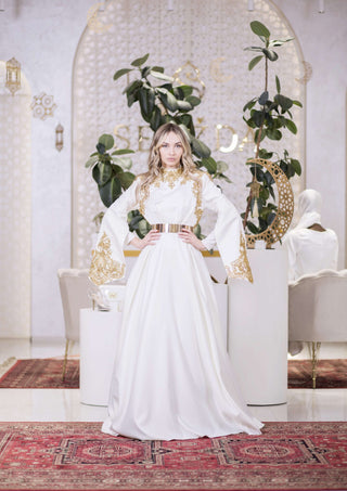 Mystic Gold Embellished A-Line Gown – White