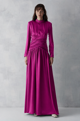 Ruched Waist Draped Long Evening Dress - Fuchsia