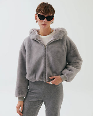 Anya Faux Fur Cropped Hoodie – Gray