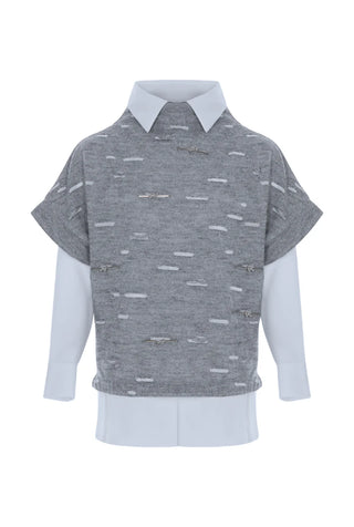 Galata Layered Knit & Shirt Co-Ord Top – Grey