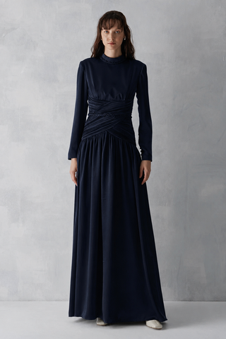 Ruched Waist Draped Long Evening Dress - Navy Blue