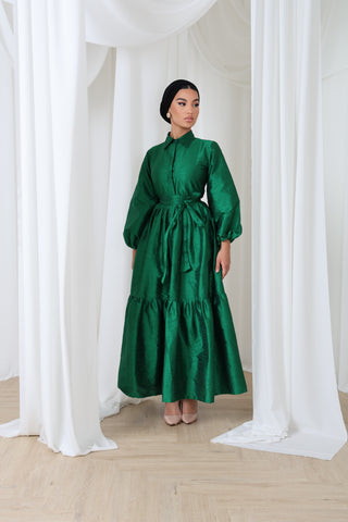 Satin Maxi Dress with Balloon Sleeves & Waist Bow