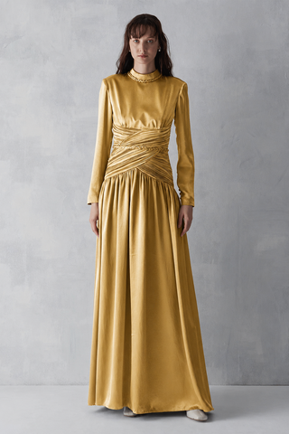 Ruched Waist Draped Long Evening Dress - Gold