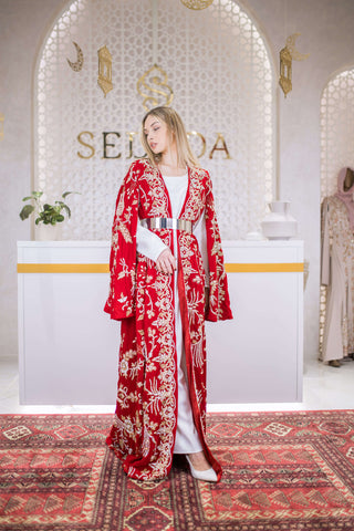 Royal Bloom Embellished Velvet Kaftan – Red