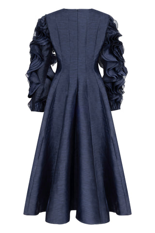 Indigo Silk-Linen Dress with Sculptural Ruffle Sleeves