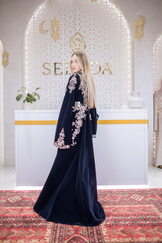 Diamond Bloom Embellished Velvet Kaftan – Navy