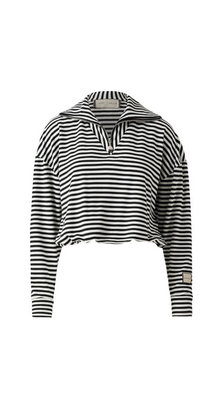 Marine Striped Zip-Neck Polo Top – Black & White