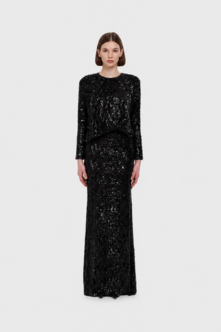 Sequin Long-Sleeve Formal Set with Draped Detail - Black