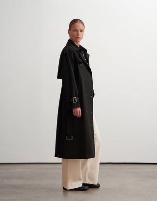 Classic Belted Cotton Trench Coat – Black