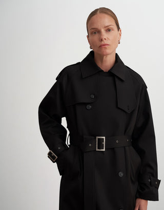 Classic Belted Cotton Trench Coat – Black