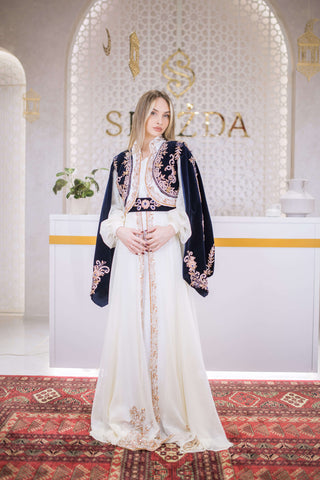 Velvet Noor Embellished Velvet Kaftan – Navy