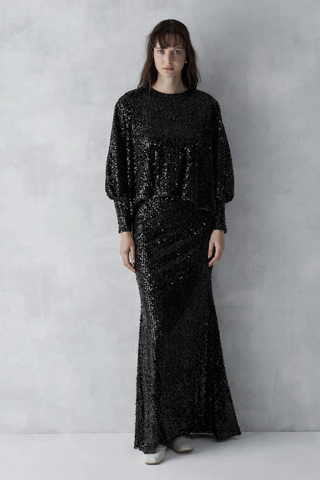 Sequined Blouse & Skirt Evening Set – Black