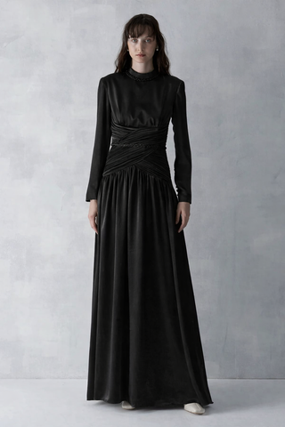 Ruched Waist Draped Long Evening Dress - Black