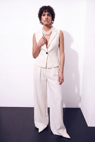 Ivory 100% Linen Pants with Punto Stitch Detail