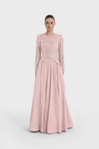 Sequin-Embellished Long-Sleeve Evening Gown - Powder Pink