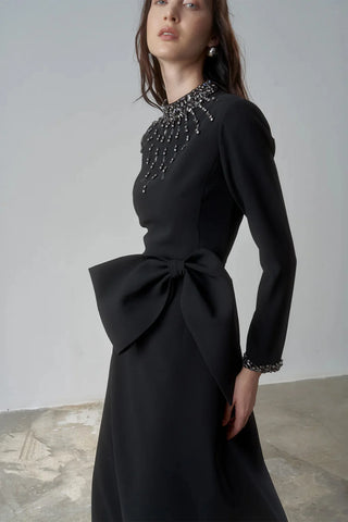 Embellished Bow Detail Evening Gown – Black