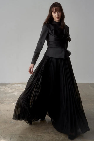 Satin Draped Long Evening Dress with Pleated Skirt - Black