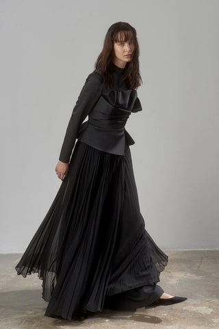 Satin Draped Long Evening Dress with Pleated Skirt - Black