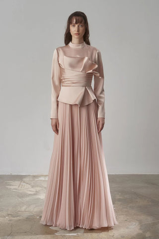 Satin Draped Long Evening Dress with Pleated Skirt - Beige