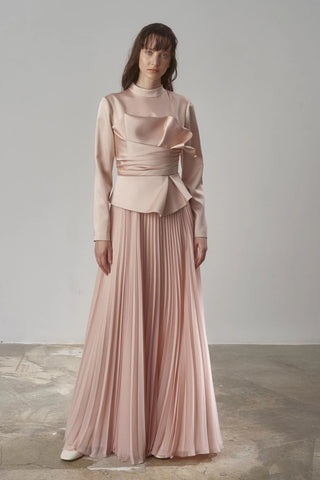 Satin Draped Long Evening Dress with Pleated Skirt - Beige