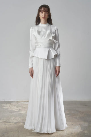 Satin Draped Long Evening Dress with Pleated Skirt - White