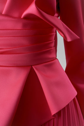 Satin Draped Long Evening Dress with Pleated Skirt - Fuchsia