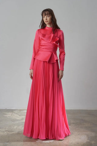 Satin Draped Long Evening Dress with Pleated Skirt - Fuchsia