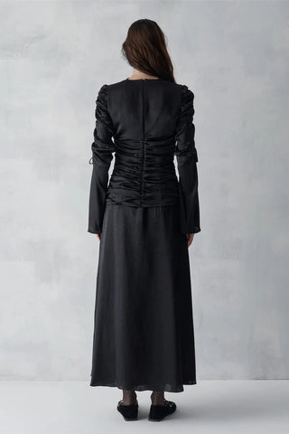 Draped Sleeve Satin Evening Gown – Black
