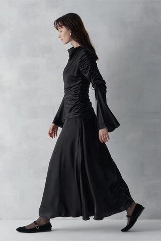 Draped Sleeve Satin Evening Gown – Black