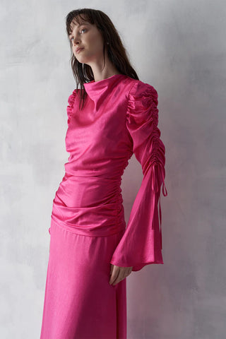 Draped Sleeve Satin Evening Gown – Fuchsia