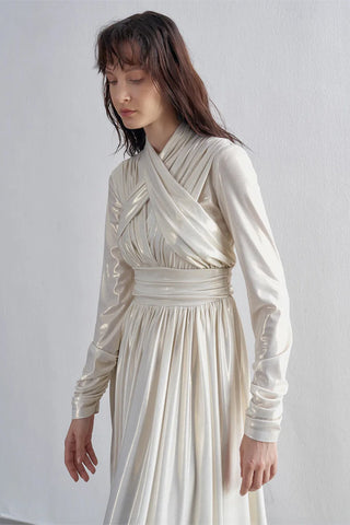 Draped Cross-Band Evening Gown – Ecru